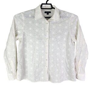 Womens White Lands End Eyelet Shirt Button Up Long Sleeve 100% Baumwolle Size 16